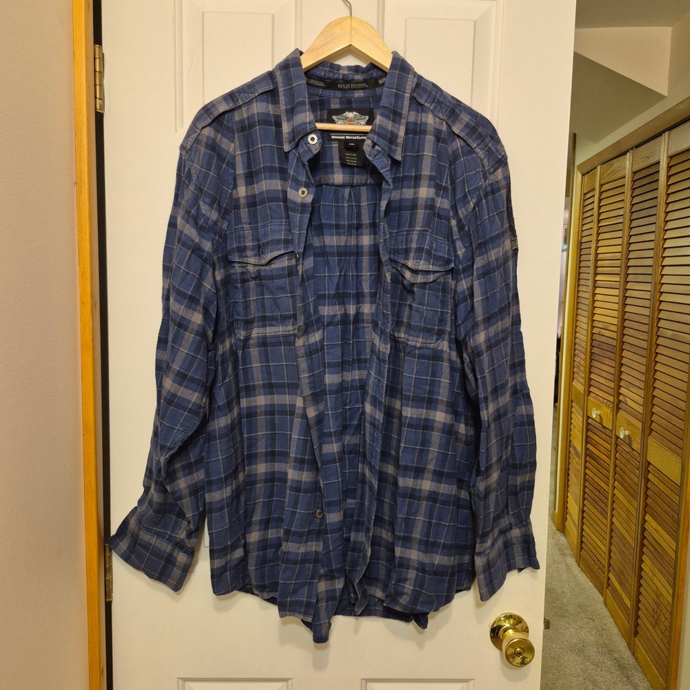Harley-Davidson Mens 2XL Blue Plaid Flannel Shirt Embroidered Logo MotorClothes